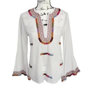 Nimo With Love Embroidered Bell Sleeve Tunic Top Womens M White Bohemian Resort